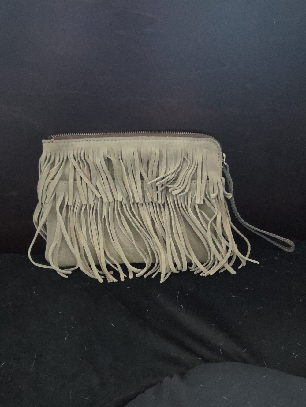 Patricia Nash Gray Genuine Suede Leather Fringe Wristlet Clutch Bag